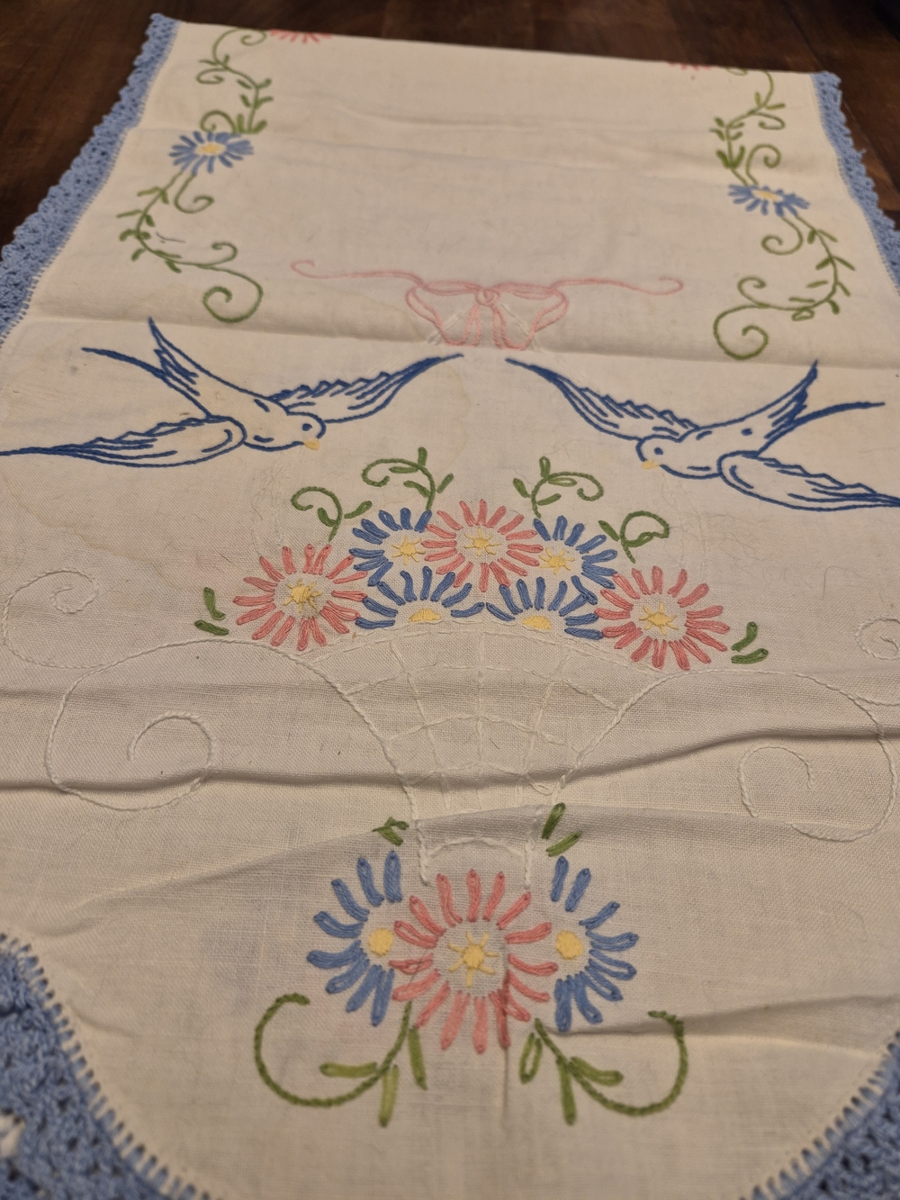 Embroidered Dove & Floral Table Runner in Cream and Blue